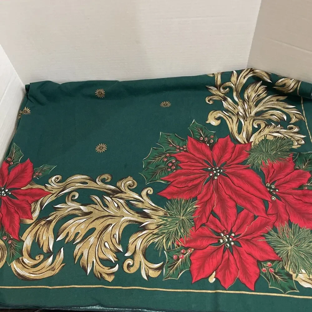 60x82 Vintage Christmas Tableclith Red Poinsettia Green Gold Scroll Work Brazil